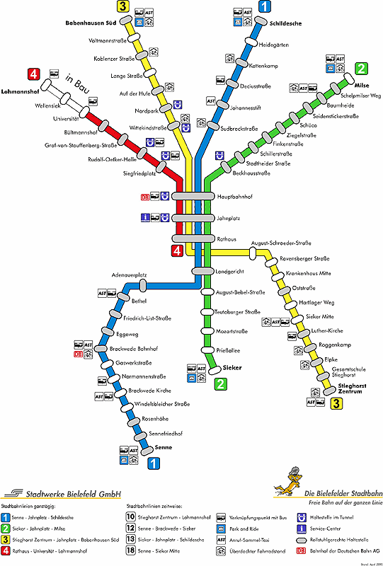 Netzspinne der Bielefelder Stadtbahn, Stand: April 2000